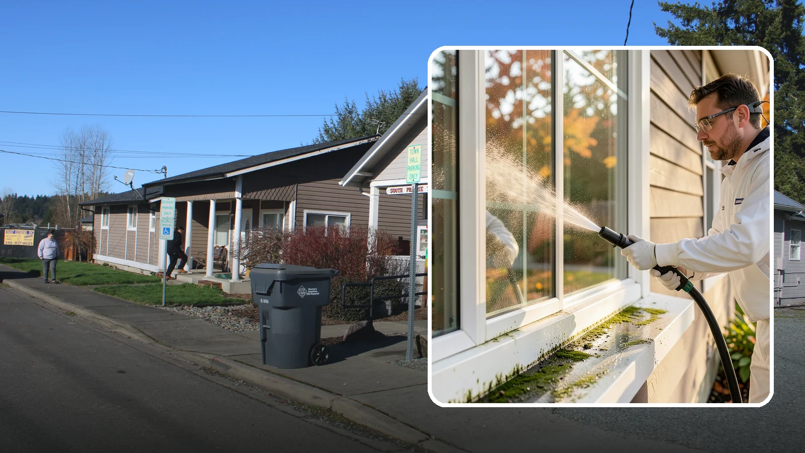 Window Sill Cleaning in South Prairie, Pierce County, WA - Cleaning of exterior window sills to clear the algae, dirt, and organic streaks our constant moisture leaves behind.