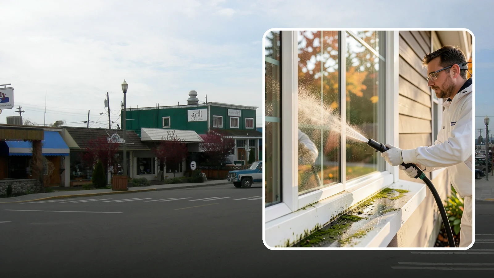 Window Sill Cleaning in Stanwood, Snohomish County, WA - Cleaning of exterior window sills to clear the algae, dirt, and organic streaks our constant moisture leaves behind.