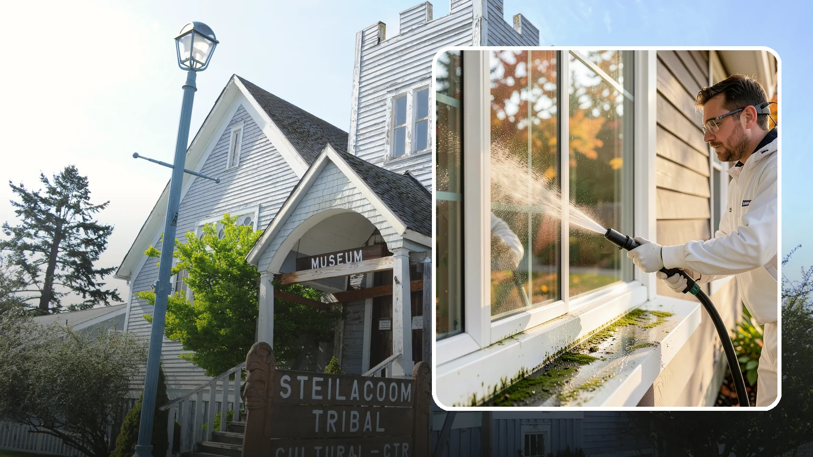 Window Sill Cleaning in Steilacoom, Pierce County, WA - Cleaning of exterior window sills to clear the algae, dirt, and organic streaks our constant moisture leaves behind.