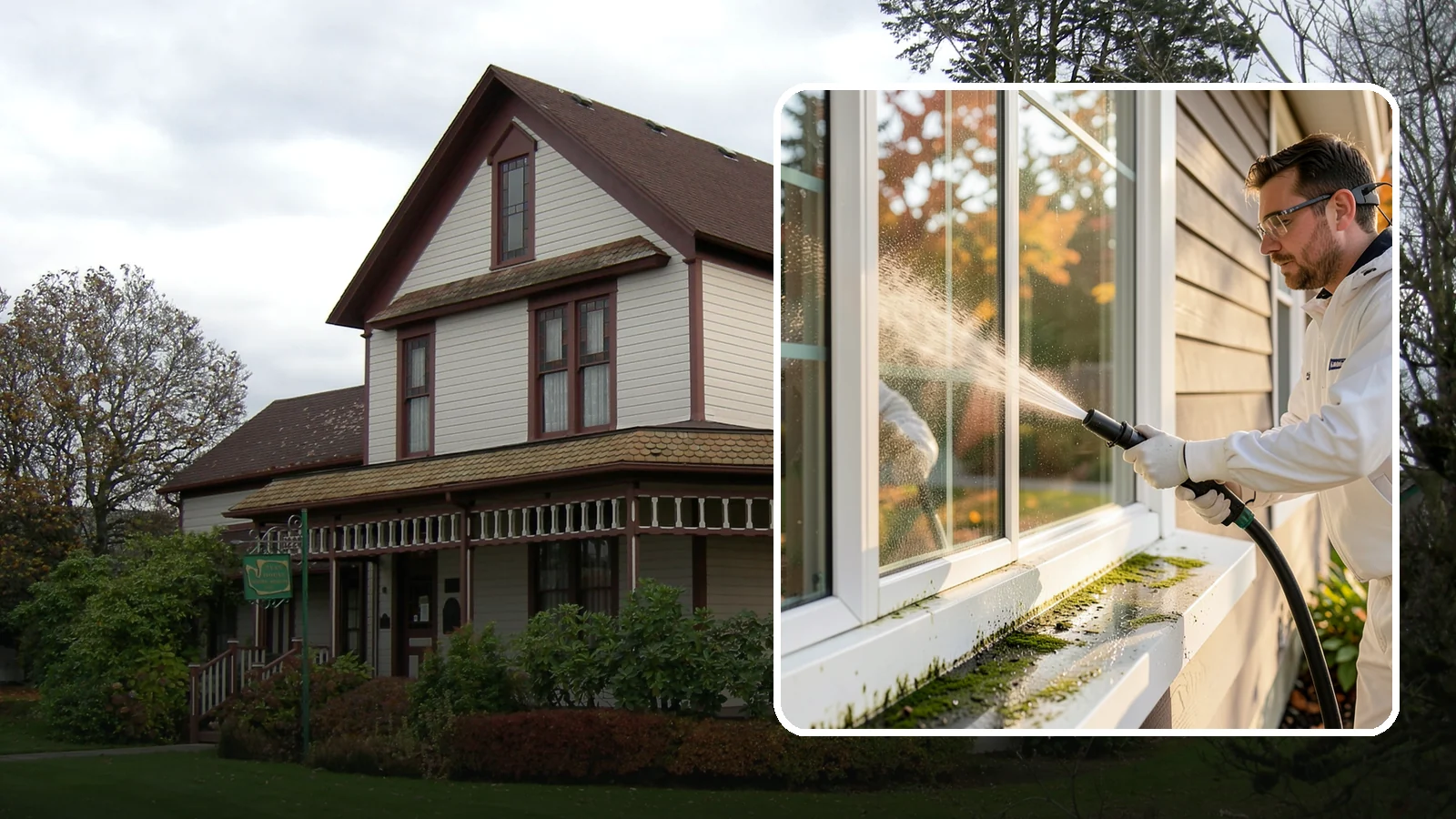 Window Sill Cleaning in Sumner, Pierce County, WA - Cleaning of exterior window sills to clear the algae, dirt, and organic streaks our constant moisture leaves behind.