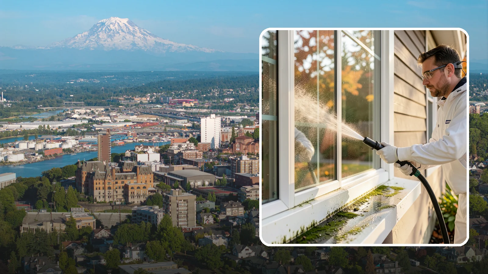 Window Sill Cleaning in Tacoma, Pierce County, WA - Cleaning of exterior window sills to clear the algae, dirt, and organic streaks our constant moisture leaves behind.