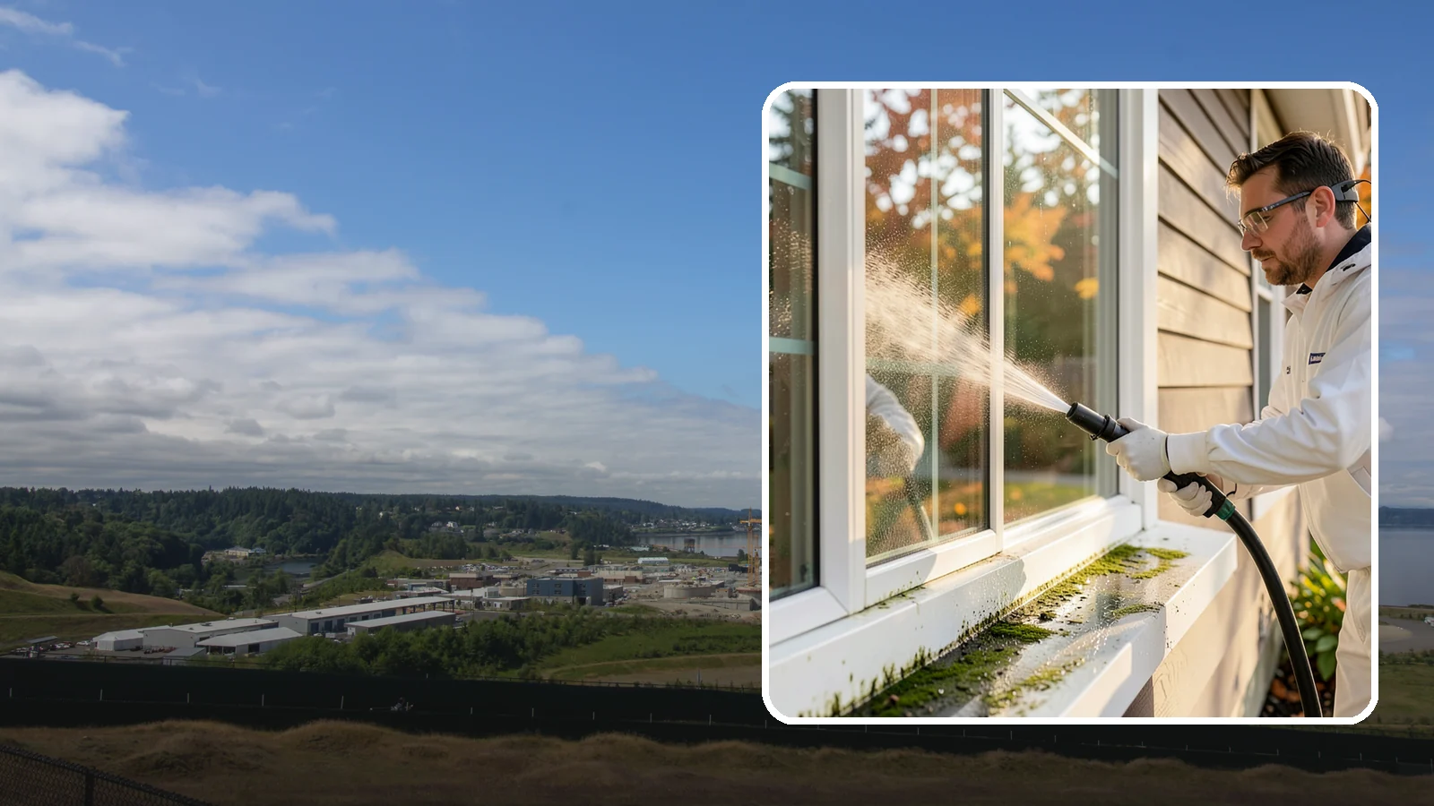 Window Sill Cleaning in University Place, Pierce County, WA - Cleaning of exterior window sills to clear the algae, dirt, and organic streaks our constant moisture leaves behind.