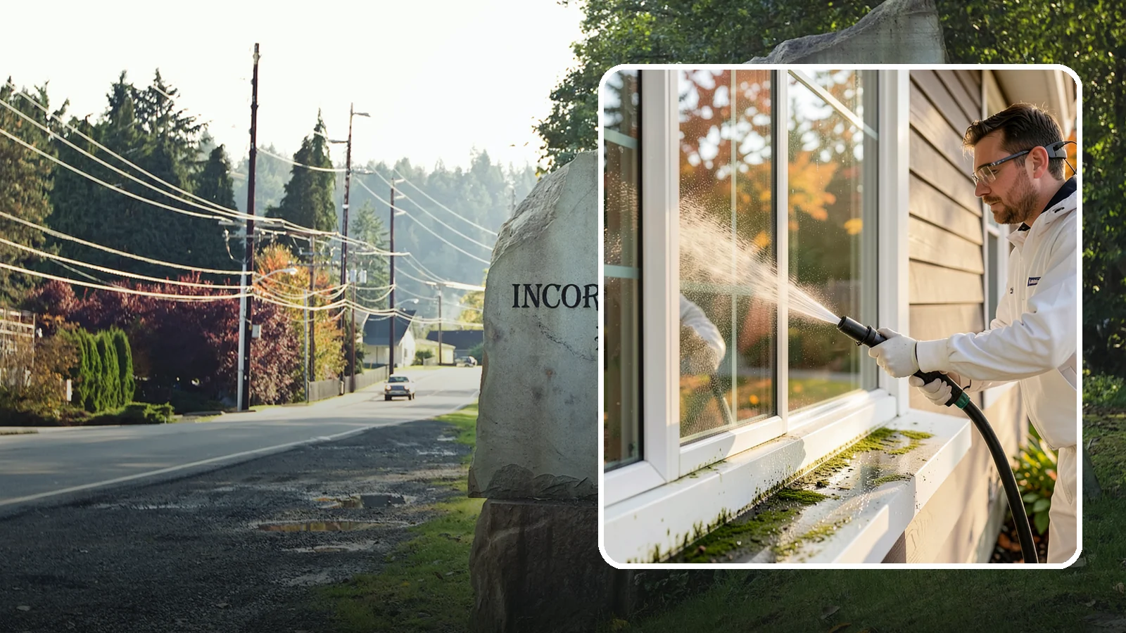 Window Sill Cleaning in Wilkeson, Pierce County, WA - Cleaning of exterior window sills to clear the algae, dirt, and organic streaks our constant moisture leaves behind.