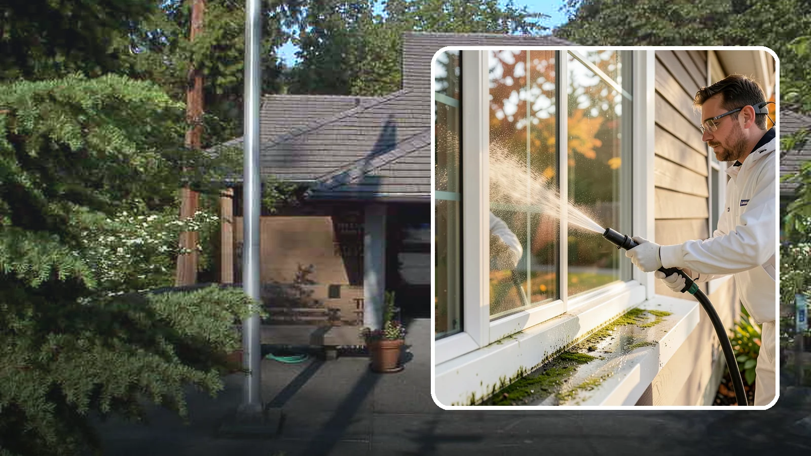 Window Sill Cleaning in Yarrow Point, King County, WA - Cleaning of exterior window sills to clear the algae, dirt, and organic streaks our constant moisture leaves behind.