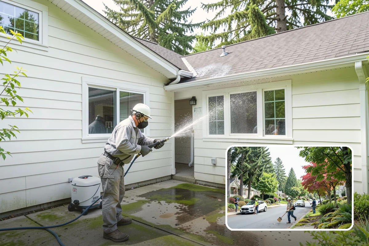 Wood Fence Washing in Beaux Arts Village, King County, WA - Clears algae and dark rundown streaks from every picket