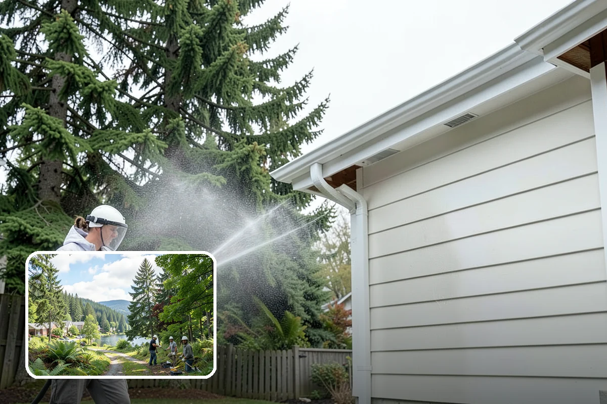 Wood Fence Washing in Lake Forest Park, King County, WA - Clears algae and dark rundown streaks from every picket
