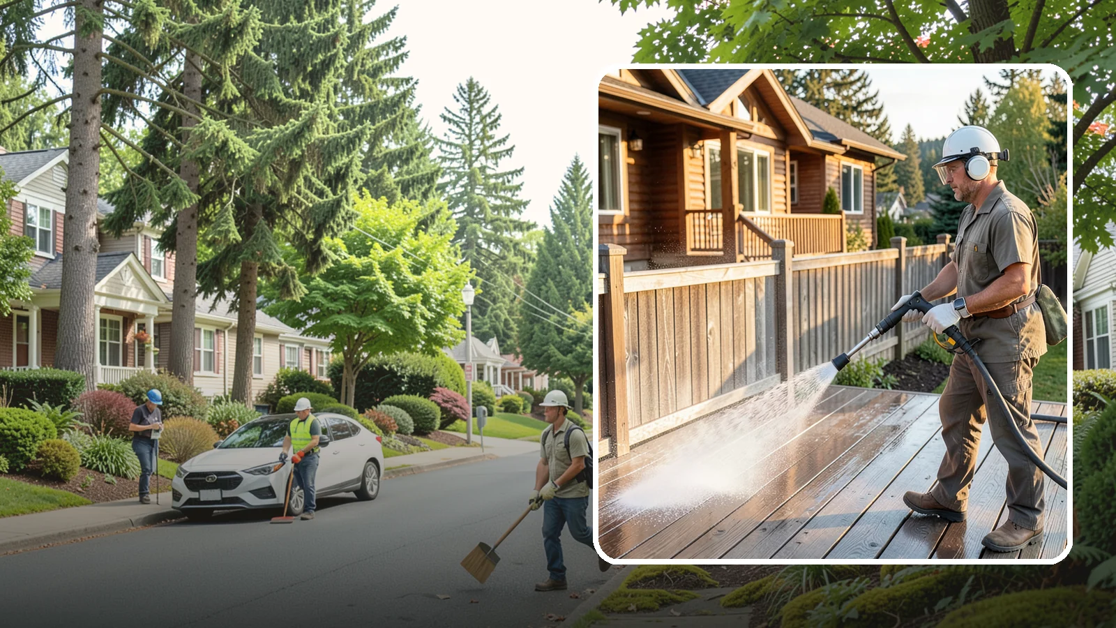 Wood Restoration in Beaux Arts Village, King County, WA - Full restoration of gray, weathered wood surfaces that strips old finish, brightens the grain, and readies boards for lasting...