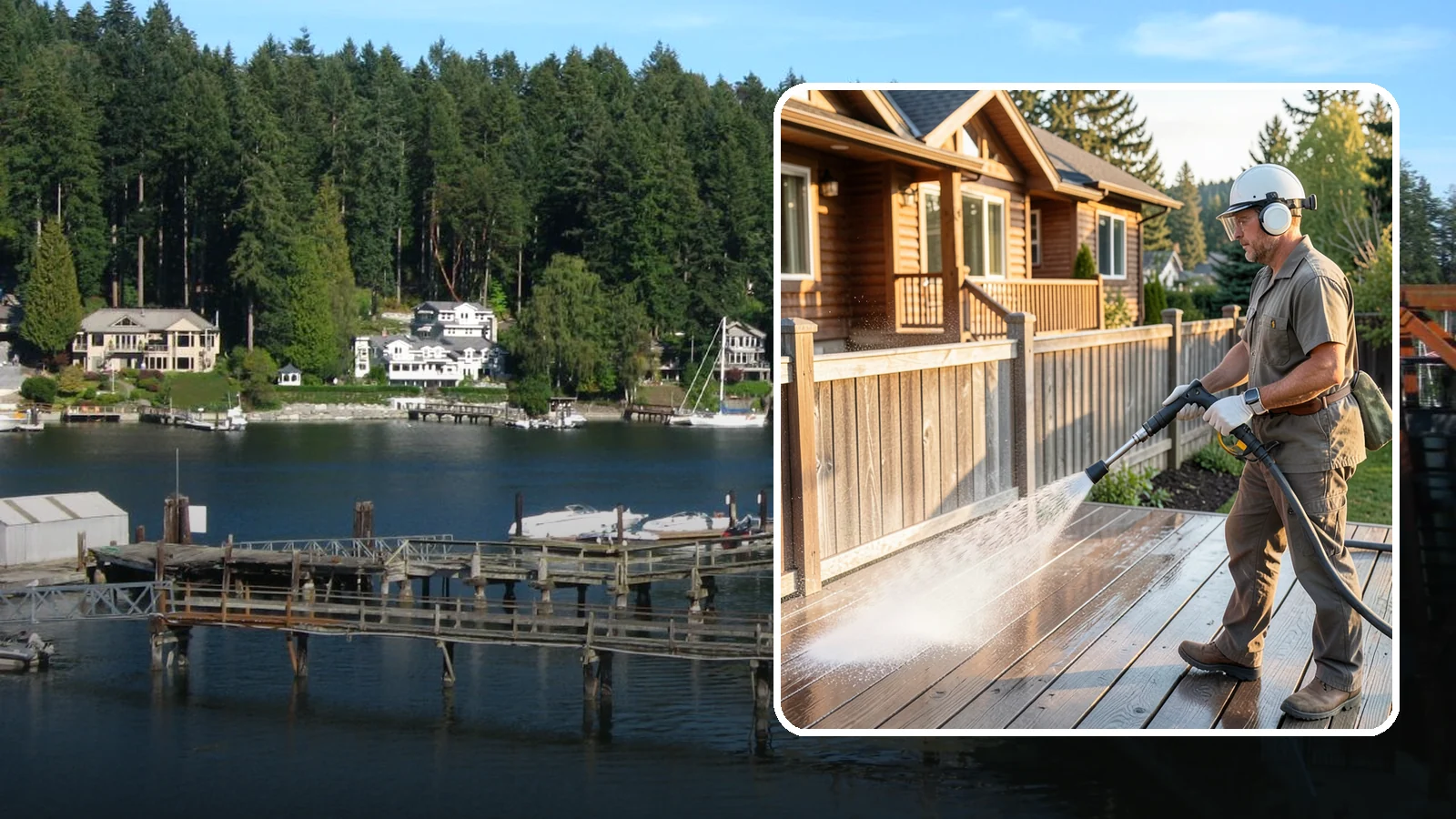 Wood Restoration in Gig Harbor, Pierce County, WA - Full restoration of gray, weathered wood surfaces that strips old finish, brightens the grain, and readies boards for lasting...