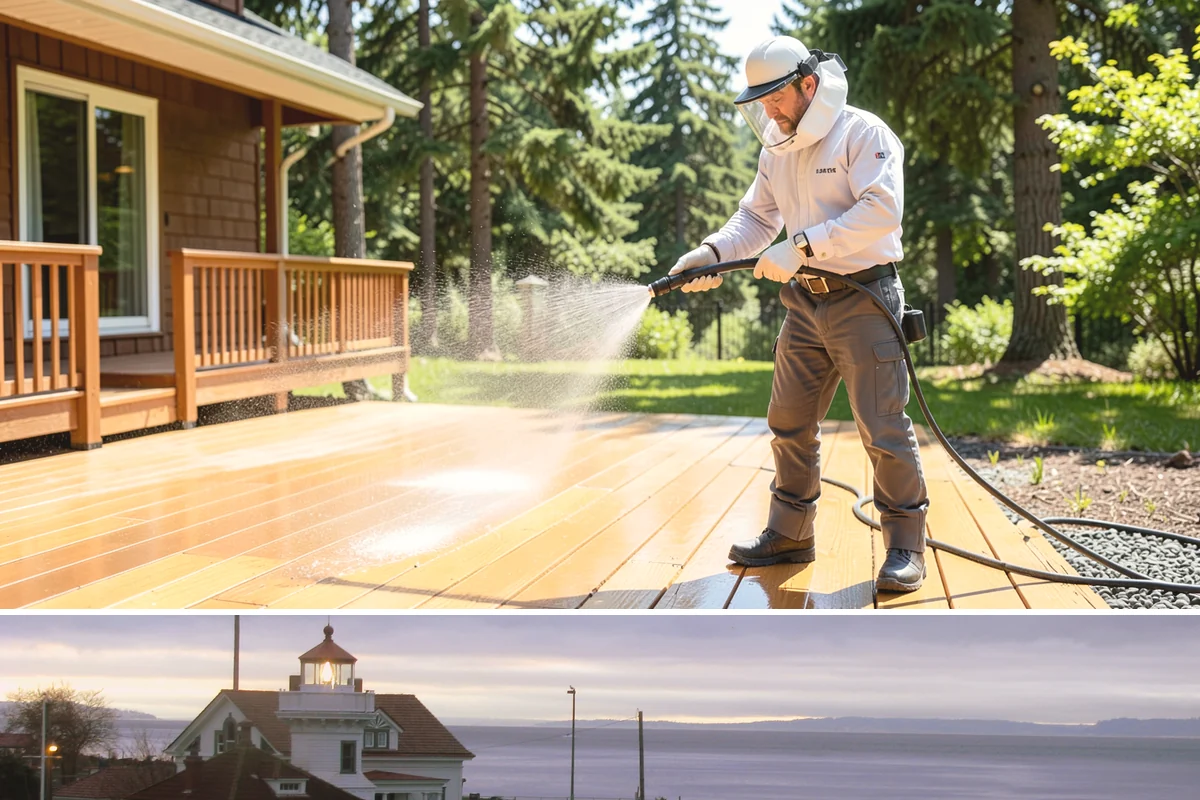 Wood Restoration in Mukilteo, Snohomish County, WA - Restore wood in late spring or summer so the brightened surface can dry and then be sealed within the same dry window.