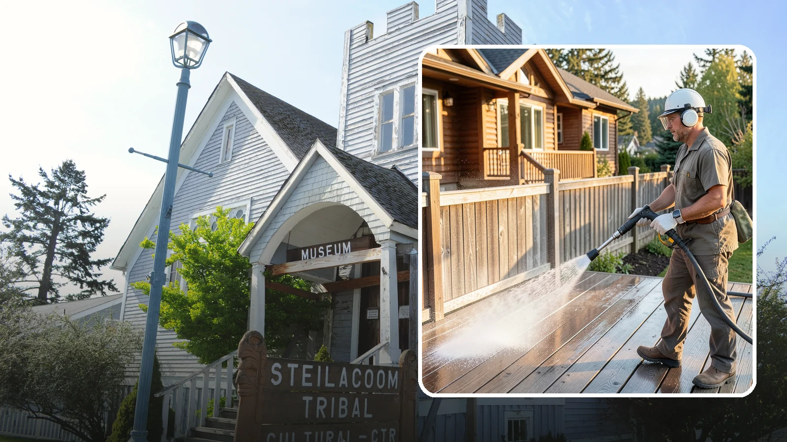 Wood Restoration in Steilacoom, Pierce County, WA - Full restoration of gray, weathered wood surfaces that strips old finish, brightens the grain, and readies boards for lasting...