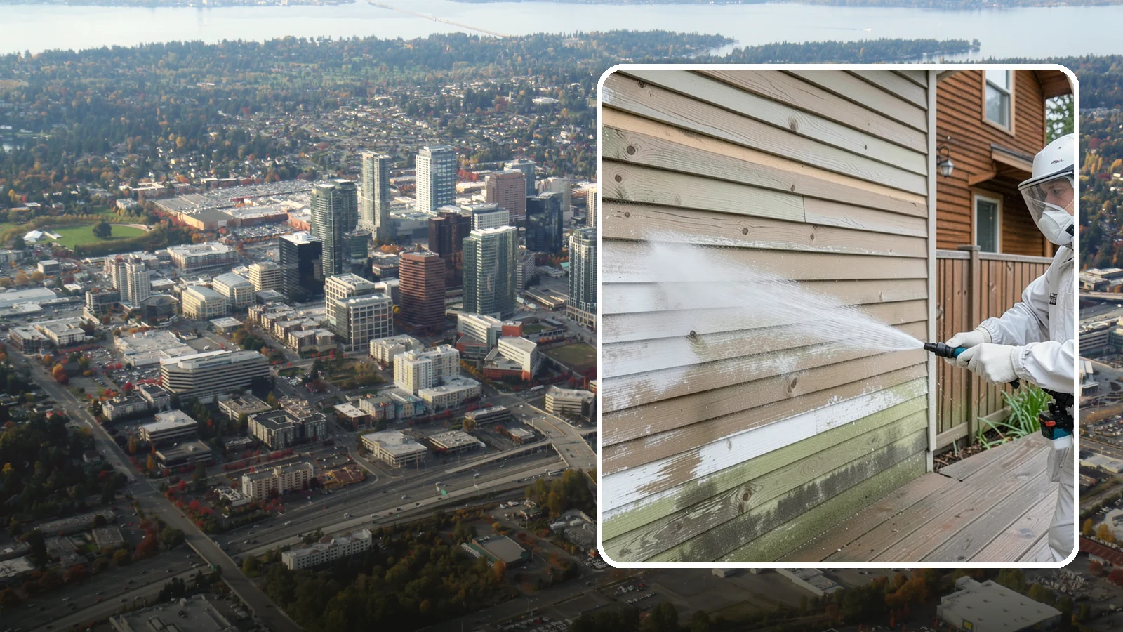 Wood Siding Washing in Bellevue, King County, WA - Wood siding washing removes mildew and gray weathering from natural boards using gentle methods that will not raise the grain.