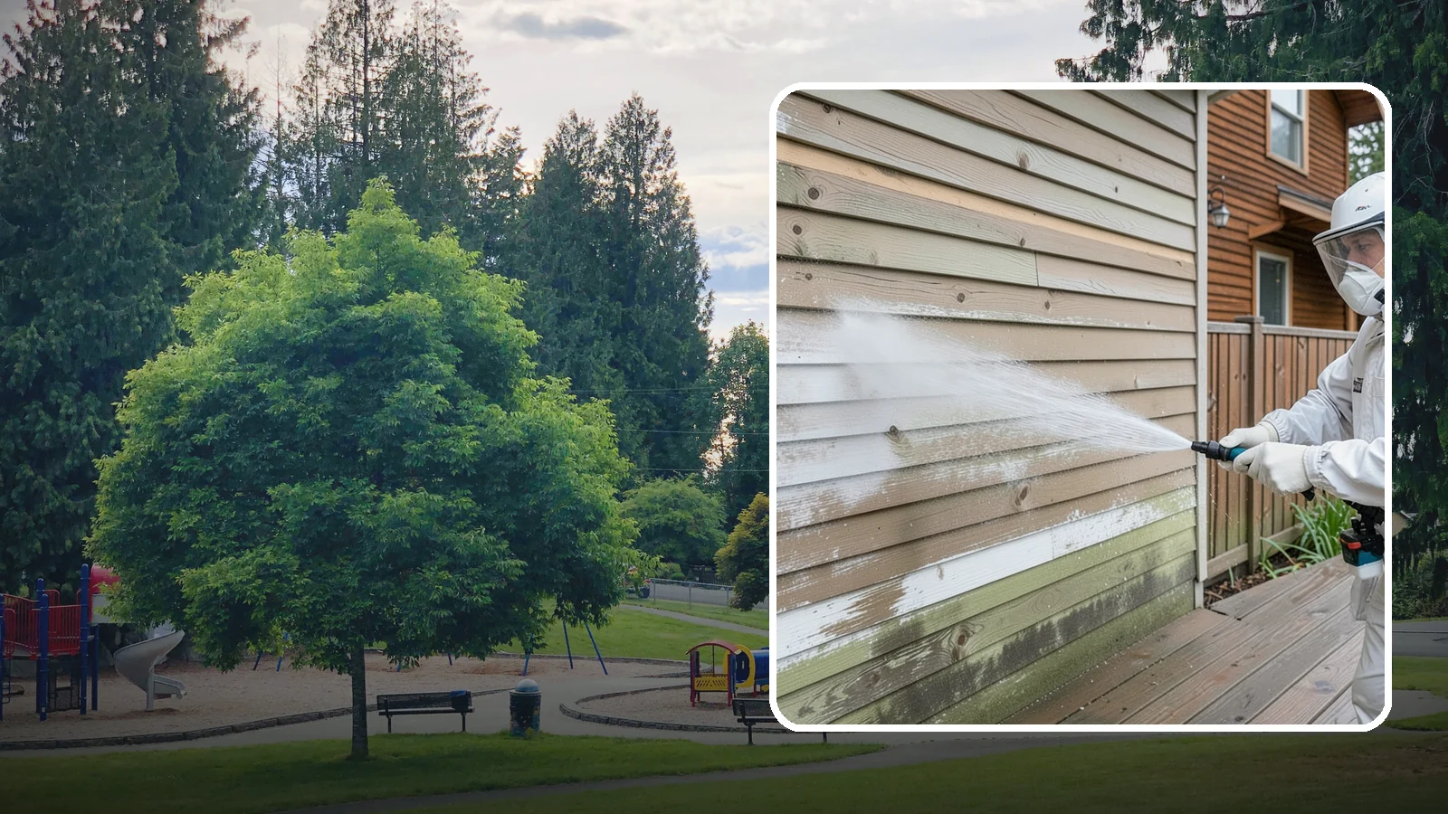 Wood Siding Washing in Bonney Lake, Pierce County, WA - Wood siding washing removes mildew and gray weathering from natural boards using gentle methods that will not raise the grain.