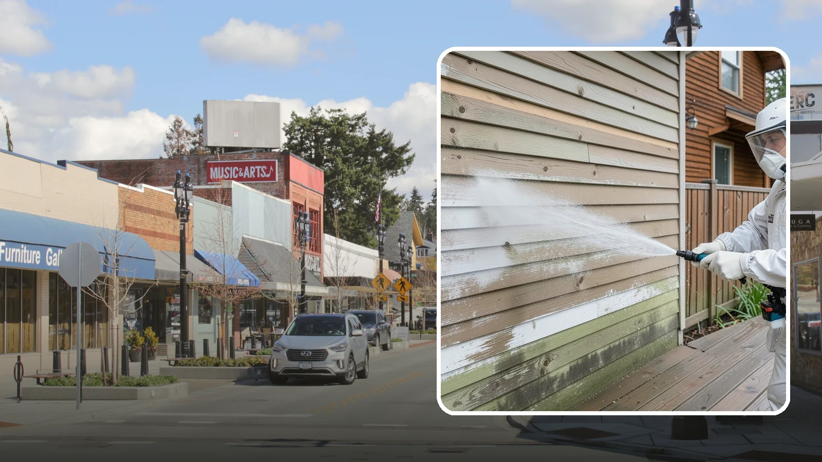 Wood Siding Washing in Bothell, King County, WA - Wood siding washing removes mildew and gray weathering from natural boards using gentle methods that will not raise the grain.