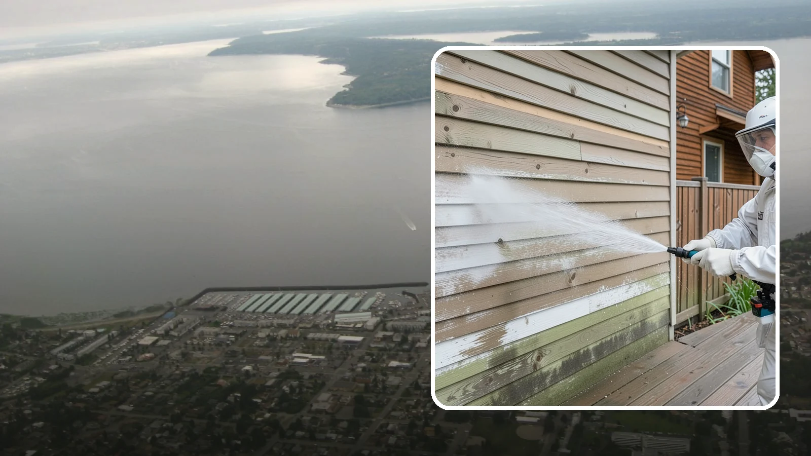 Wood Siding Washing in Des Moines, King County, WA - Wood siding washing removes mildew and gray weathering from natural boards using gentle methods that will not raise the grain.