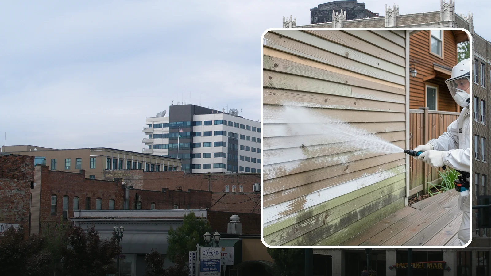Wood Siding Washing in Everett, Snohomish County, WA - Wood siding washing removes mildew and gray weathering from natural boards using gentle methods that will not raise the grain.