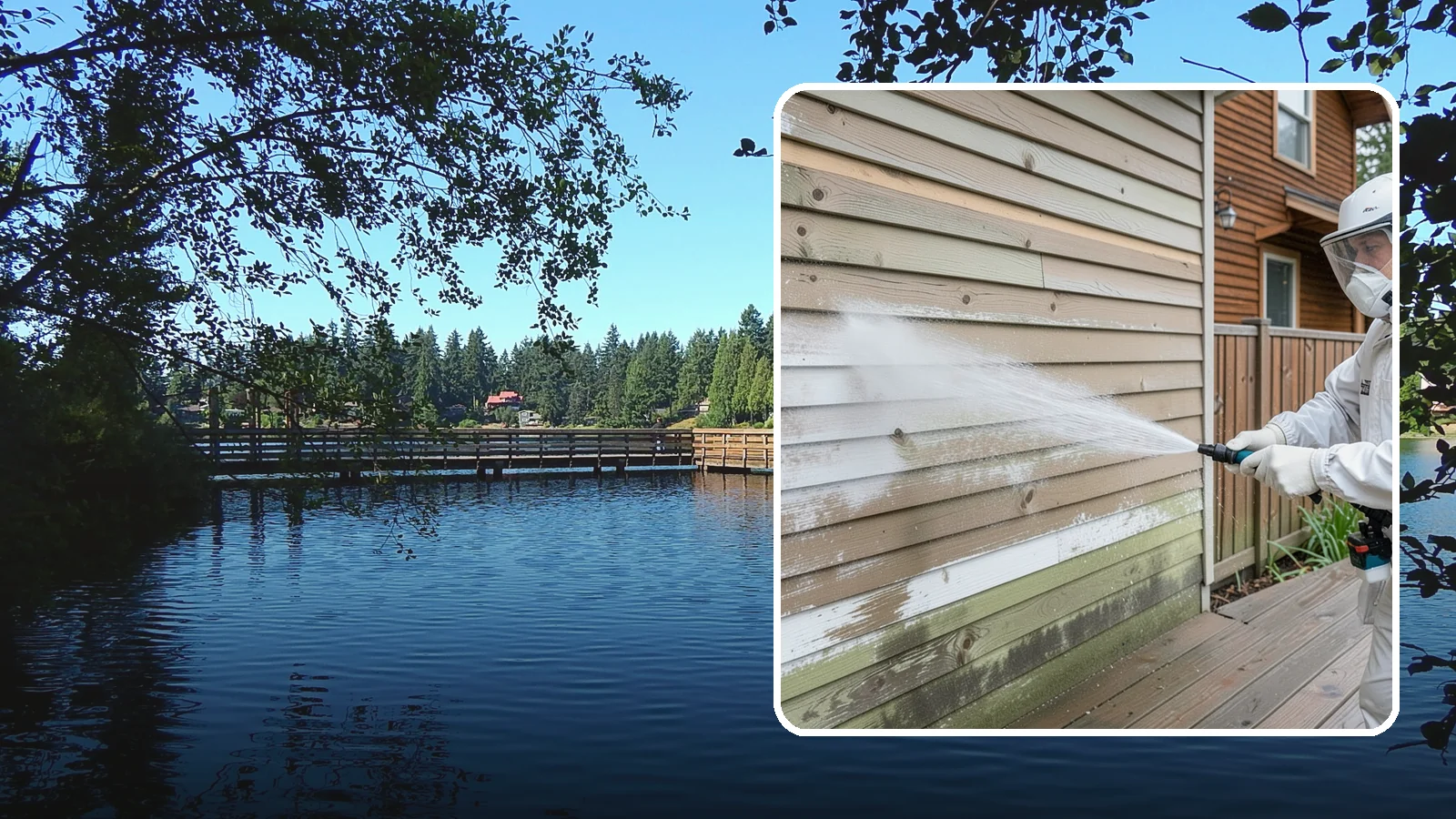 Wood Siding Washing in Federal Way, King County, WA - Wood siding washing removes mildew and gray weathering from natural boards using gentle methods that will not raise the grain.