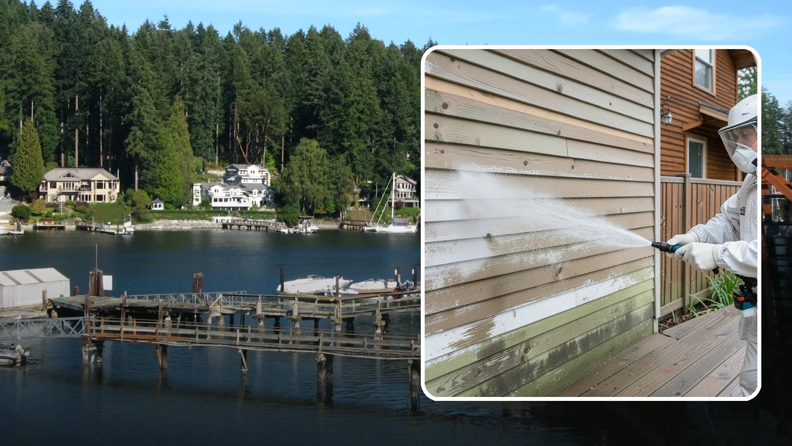 Wood Siding Washing in Gig Harbor, Pierce County, WA - Wood siding washing removes mildew and gray weathering from natural boards using gentle methods that will not raise the grain.