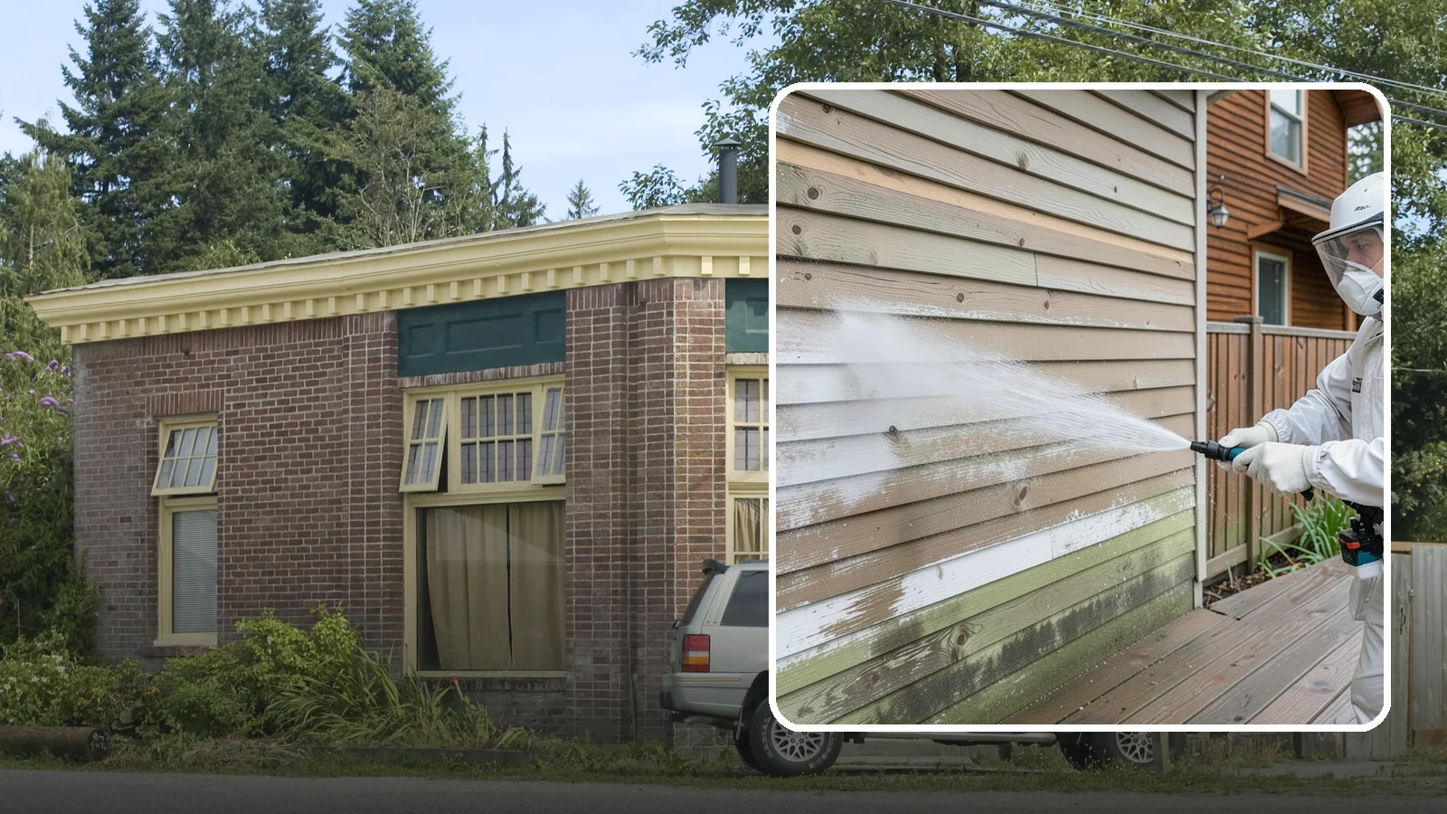 Wood Siding Washing in Hamilton, Skagit County, WA - Wood siding washing removes mildew and gray weathering from natural boards using gentle methods that will not raise the grain.