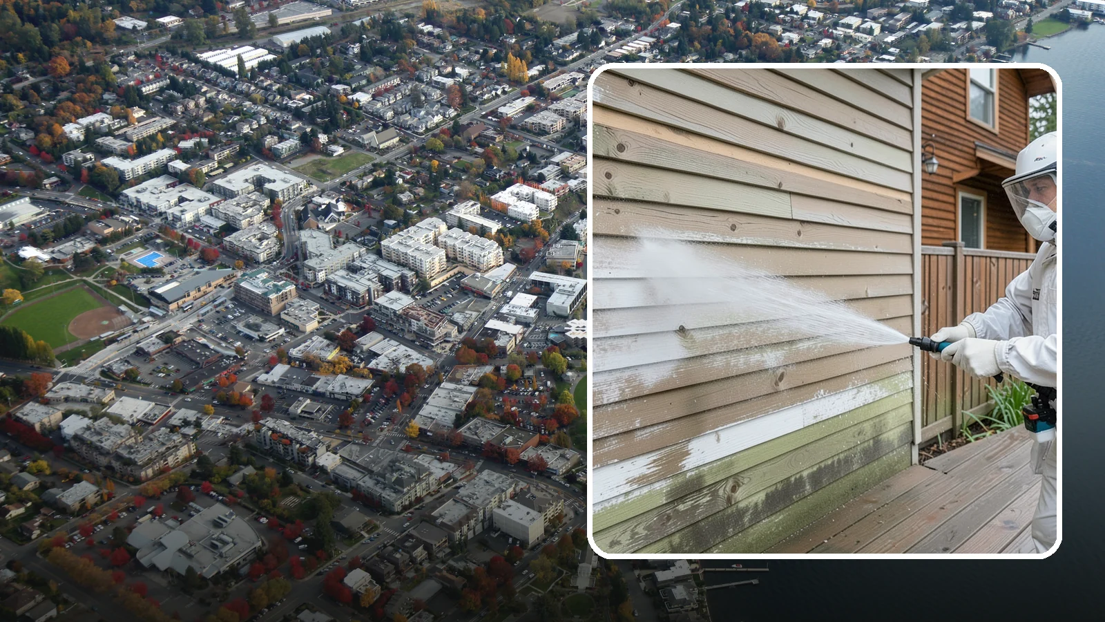 Wood Siding Washing in Kirkland, King County, WA - Wood siding washing removes mildew and gray weathering from natural boards using gentle methods that will not raise the grain.