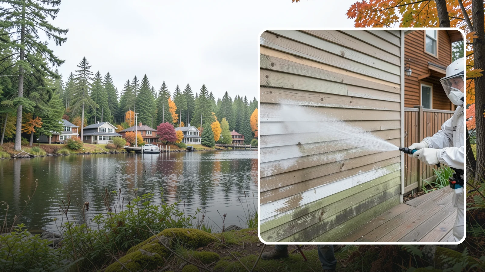 Wood Siding Washing in La Conner, Skagit County, WA - Wood siding washing removes mildew and gray weathering from natural boards using gentle methods that will not raise the grain.