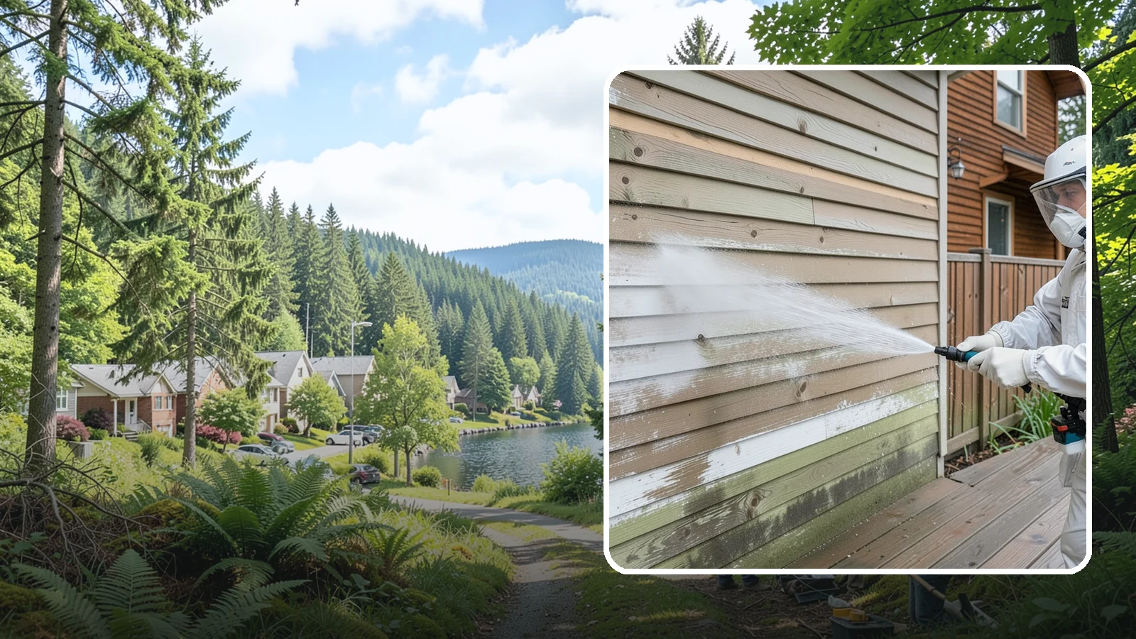 Wood Siding Washing in Lake Forest Park, King County, WA - Wood siding washing removes mildew and gray weathering from natural boards using gentle methods that will not raise the grain.