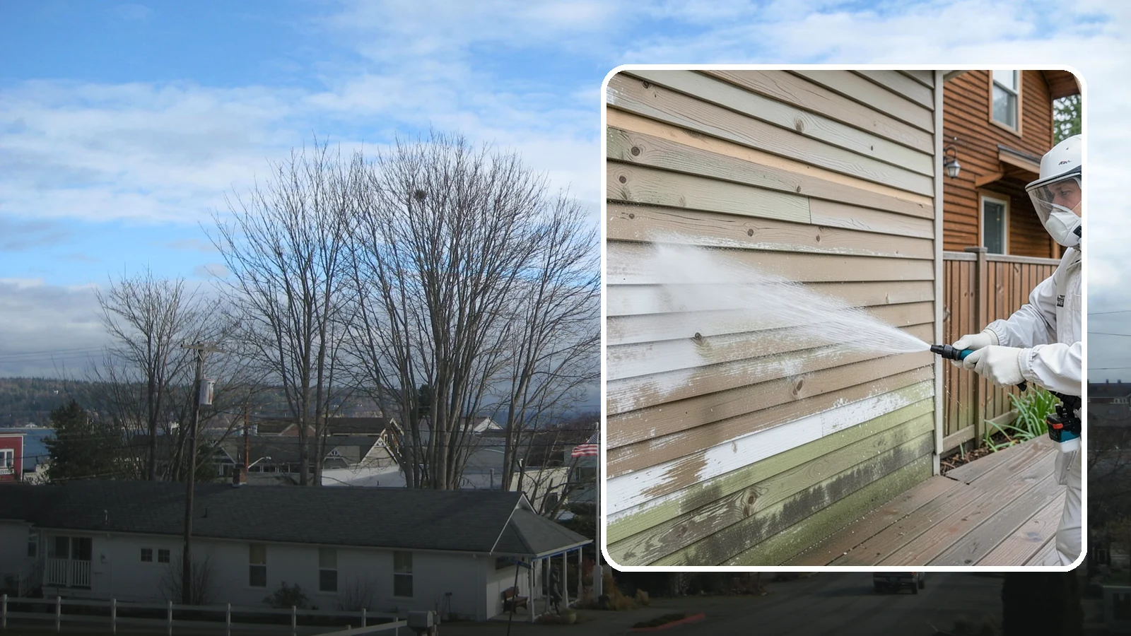Wood Siding Washing in Langley, Island County, WA - Wood siding washing removes mildew and gray weathering from natural boards using gentle methods that will not raise the grain.
