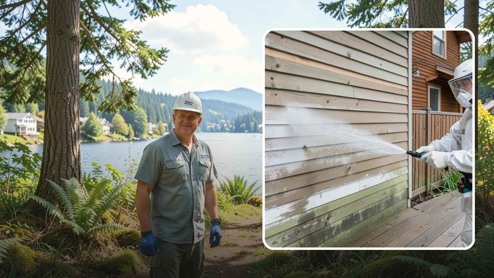 Wood Siding Washing in Milton, King County, WA - Wood siding washing removes mildew and gray weathering from natural boards using gentle methods that will not raise the grain.