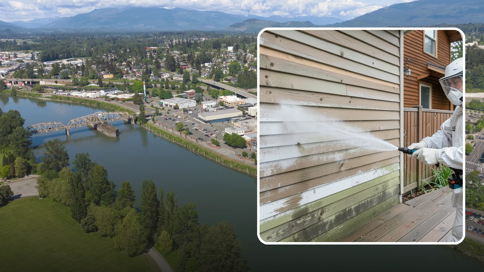 Wood Siding Washing in Mount Vernon, Skagit County, WA - Wood siding washing removes mildew and gray weathering from natural boards using gentle methods that will not raise the grain.