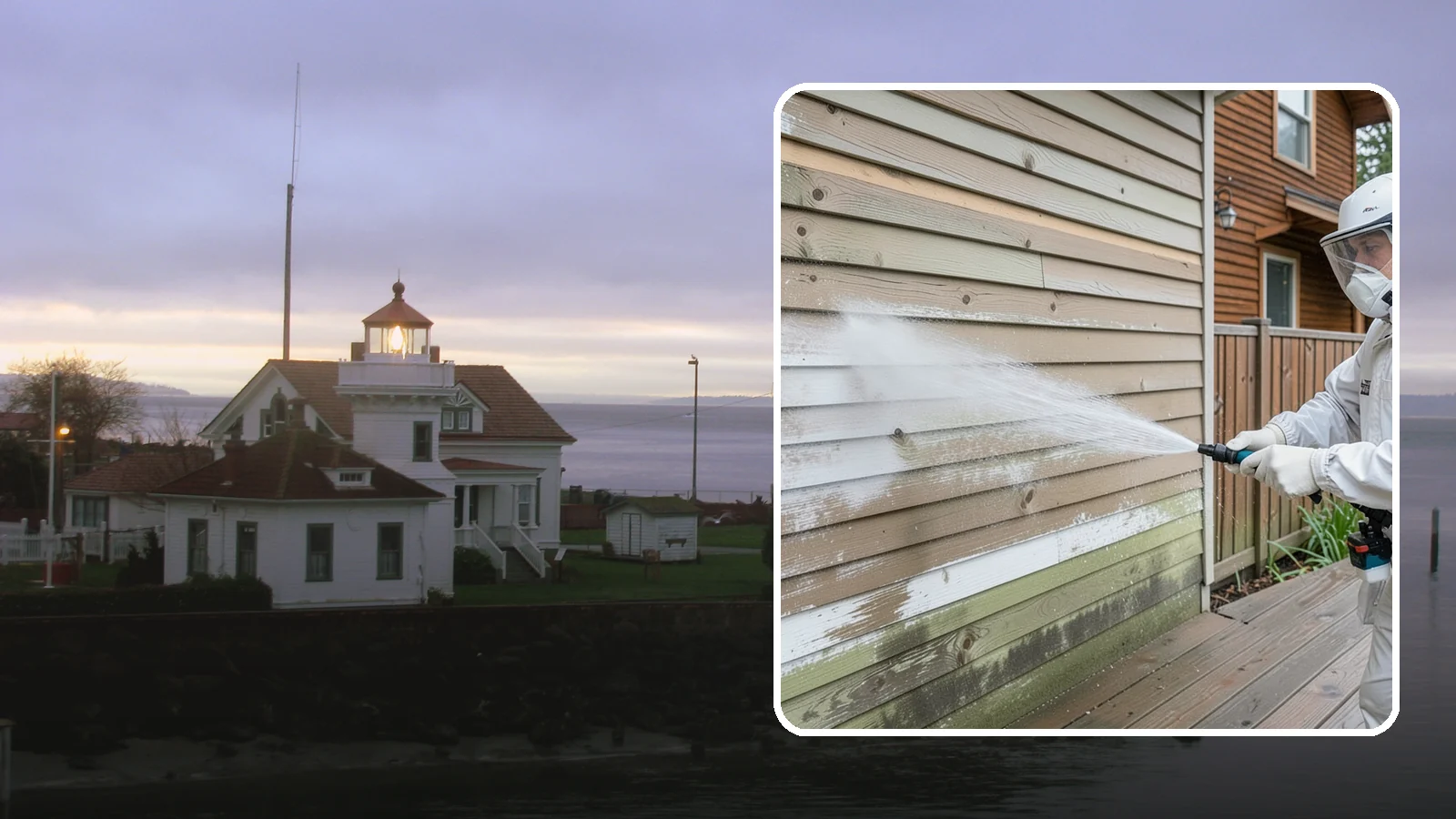 Wood Siding Washing in Mukilteo, Snohomish County, WA - Wood siding washing removes mildew and gray weathering from natural boards using gentle methods that will not raise the grain.