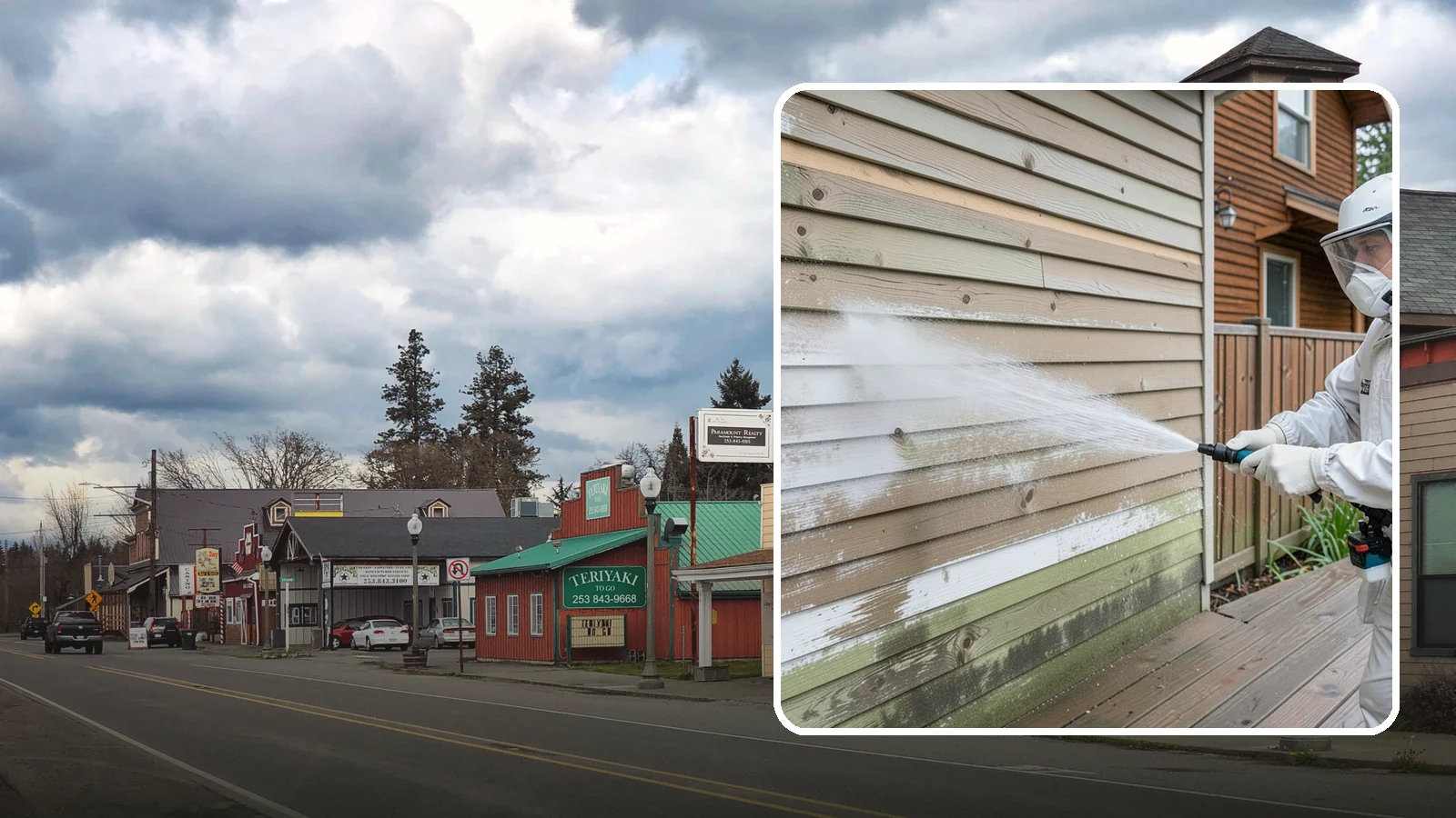 Wood Siding Washing in Roy, Pierce County, WA - Wood siding washing removes mildew and gray weathering from natural boards using gentle methods that will not raise the grain.