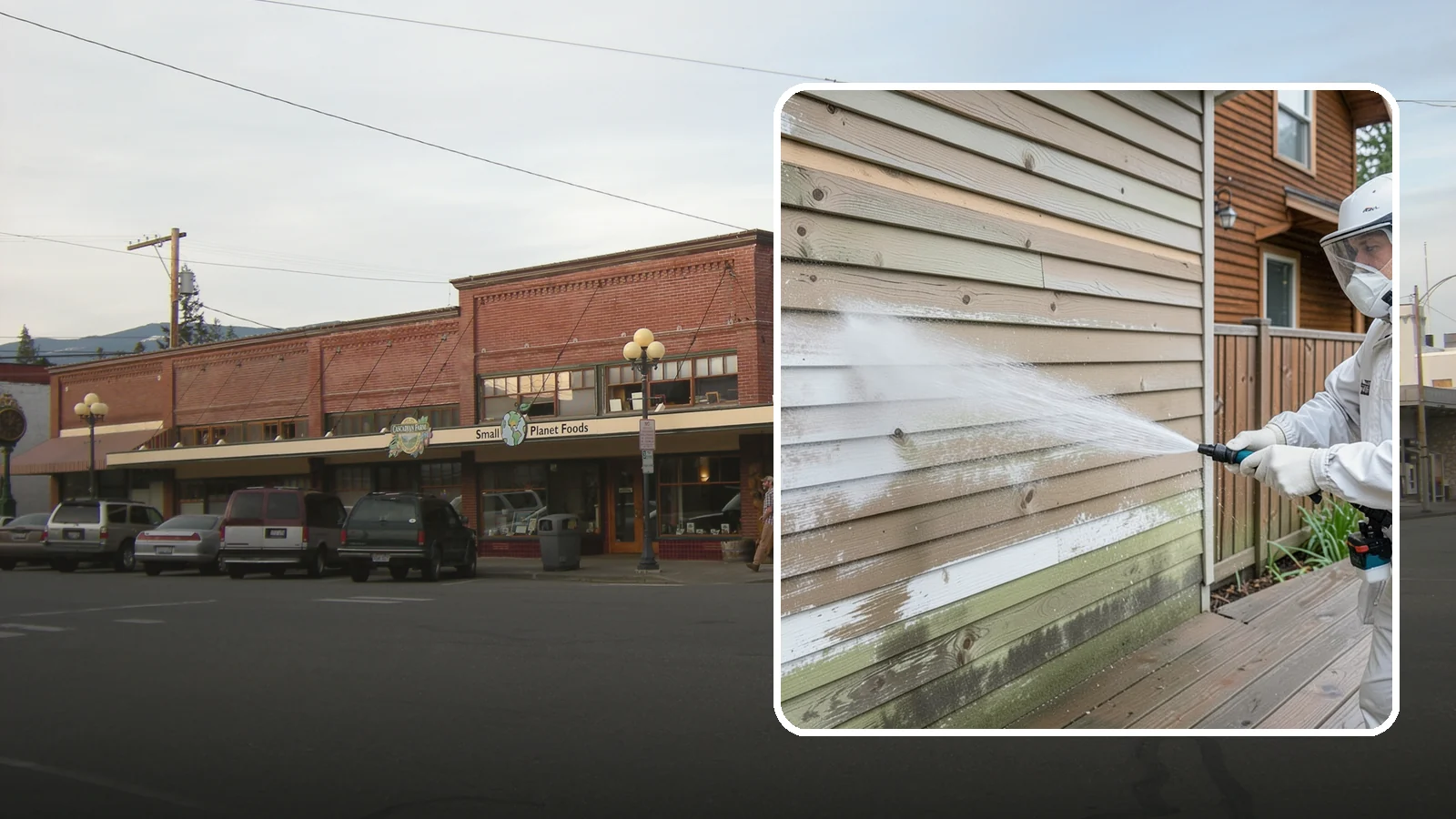 Wood Siding Washing in Sedro-Woolley, Skagit County, WA - Wood siding washing removes mildew and gray weathering from natural boards using gentle methods that will not raise the grain.