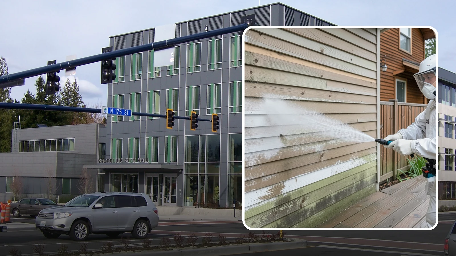Wood Siding Washing in Shoreline, King County, WA - Wood siding washing removes mildew and gray weathering from natural boards using gentle methods that will not raise the grain.