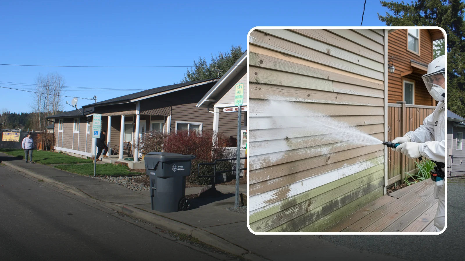 Wood Siding Washing in South Prairie, Pierce County, WA - Wood siding washing removes mildew and gray weathering from natural boards using gentle methods that will not raise the grain.