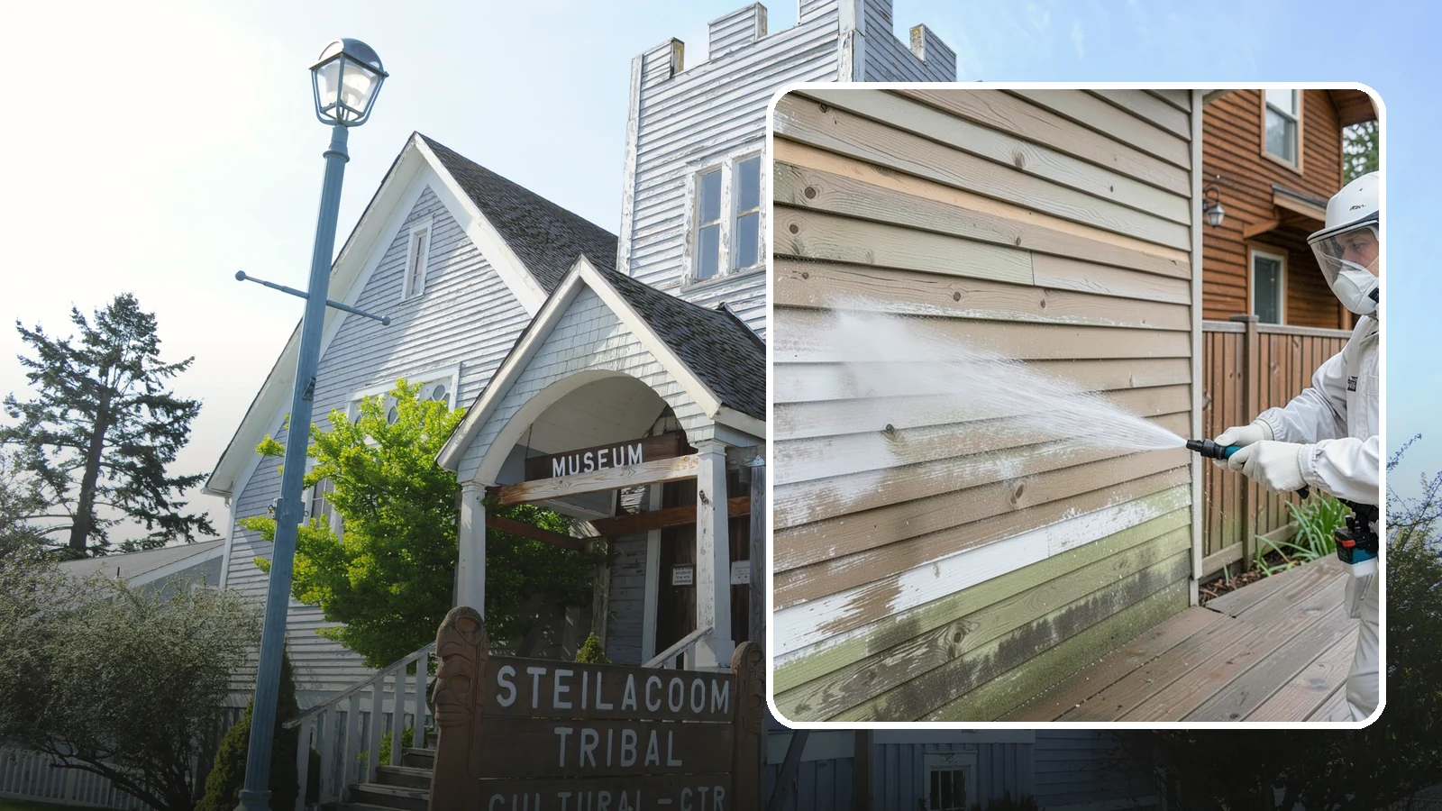 Wood Siding Washing in Steilacoom, Pierce County, WA - Wood siding washing removes mildew and gray weathering from natural boards using gentle methods that will not raise the grain.