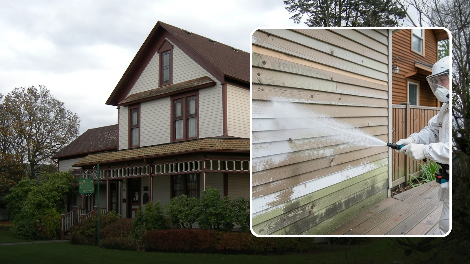 Wood Siding Washing in Sumner, Pierce County, WA - Wood siding washing removes mildew and gray weathering from natural boards using gentle methods that will not raise the grain.