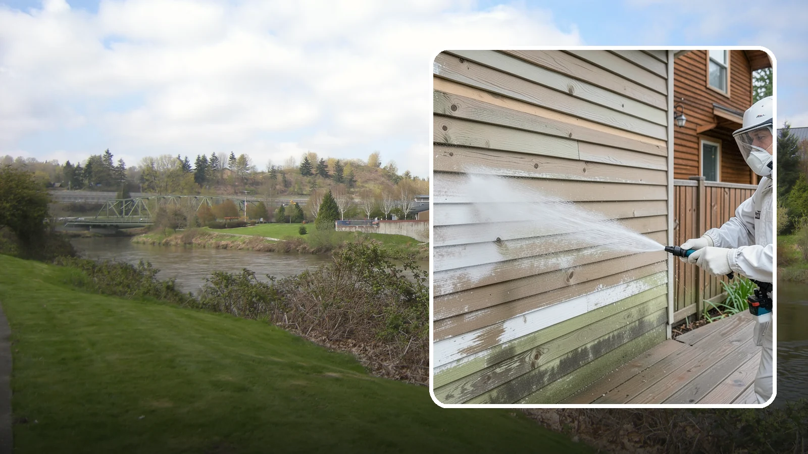 Wood Siding Washing in Tukwila, King County, WA - Wood siding washing removes mildew and gray weathering from natural boards using gentle methods that will not raise the grain.