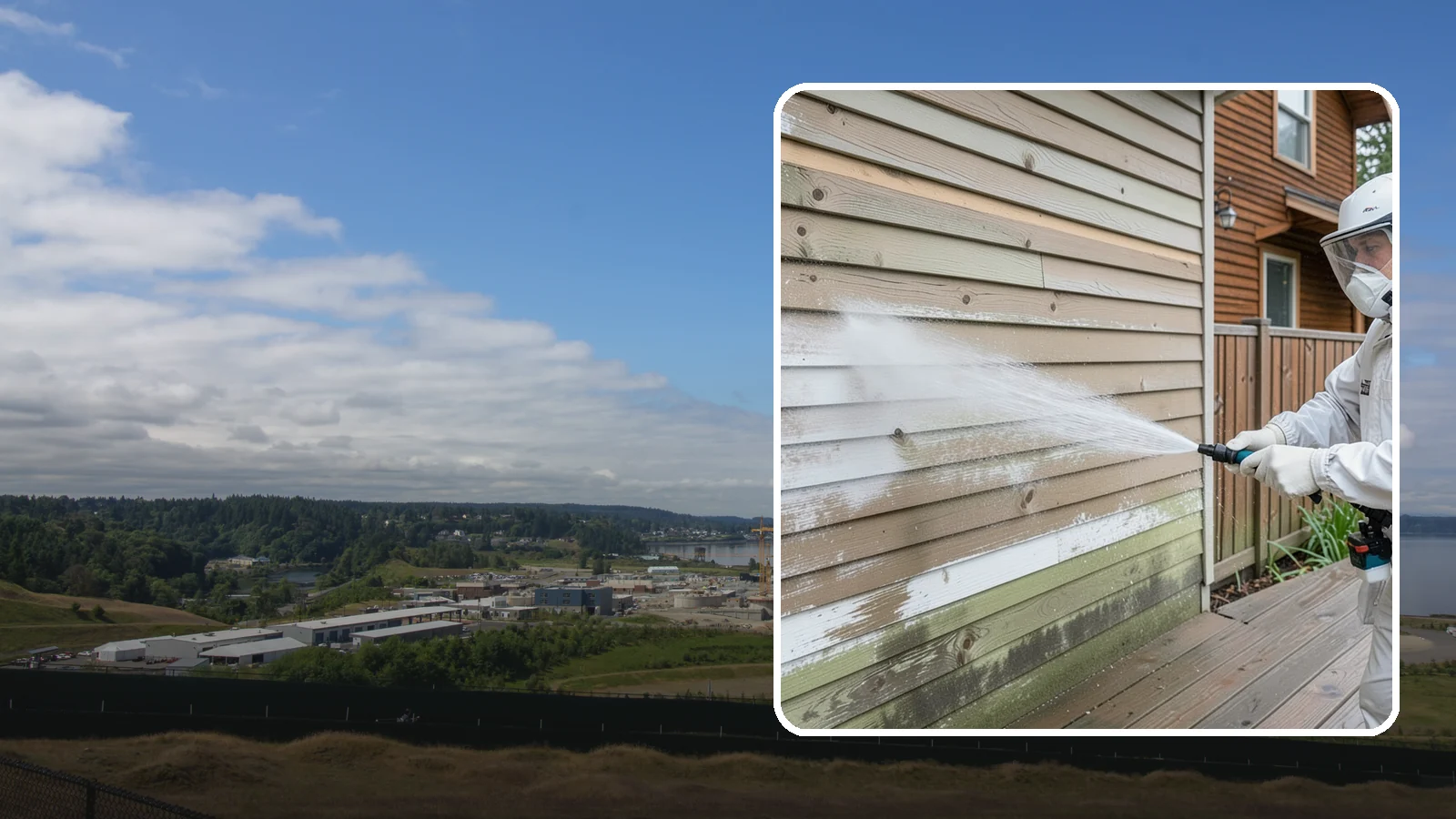 Wood Siding Washing in University Place, Pierce County, WA - Wood siding washing removes mildew and gray weathering from natural boards using gentle methods that will not raise the grain.