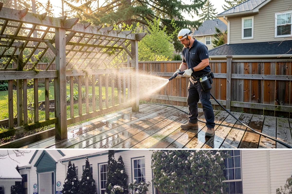 Wood Surface Cleaning in Pacific, King County, WA - Clean wood surfaces in late spring or summer so the boards can dry and, if desired, be sealed within the same dry window.