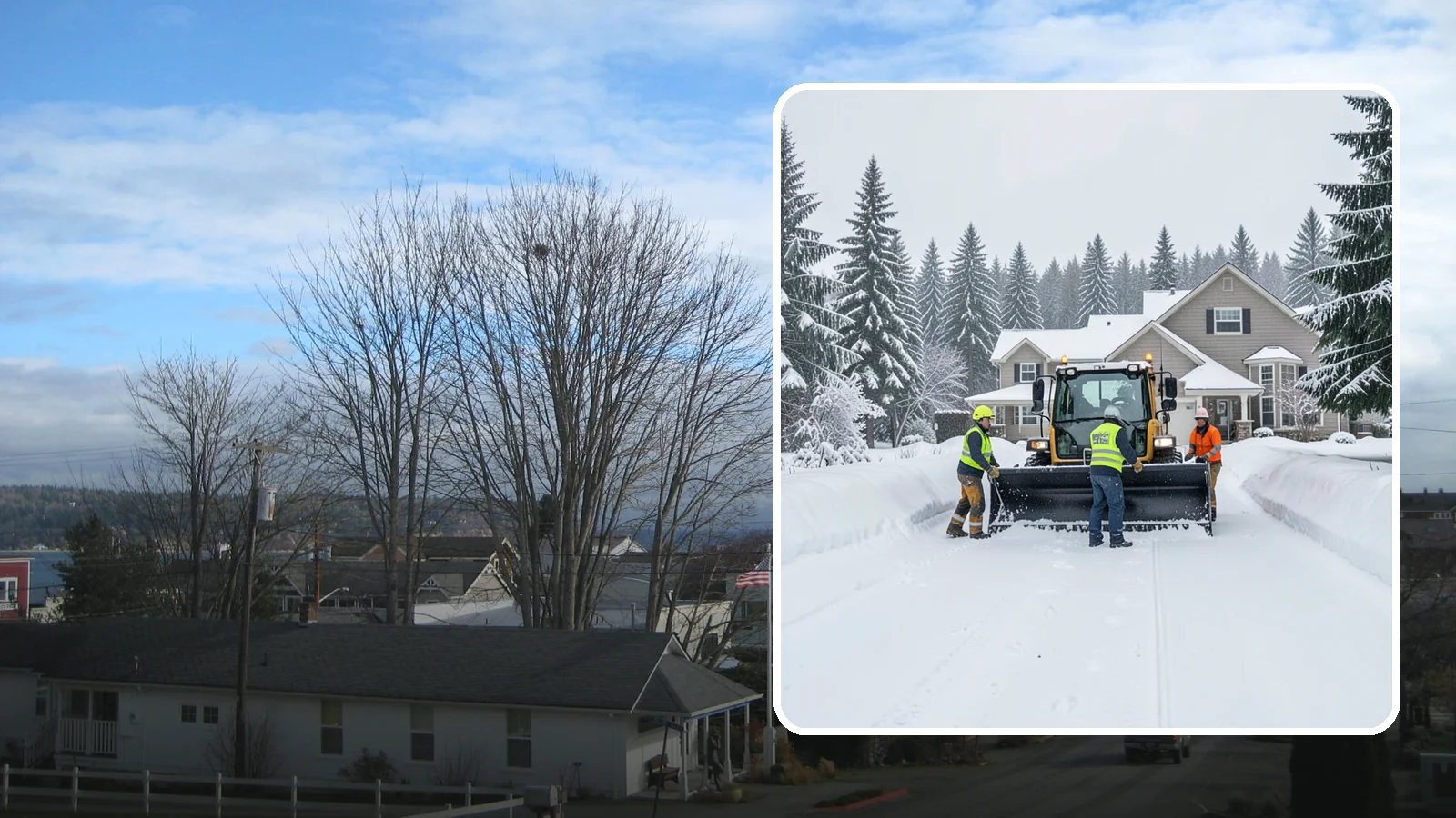 Acreage Snow Removal in Langley, Island County, WA - We clear driveways, ring roads, and equipment access across large-acreage Western Washington properties and hobby farms.