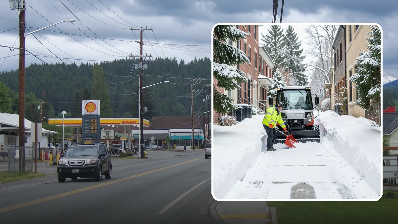 Alleyway Snow Removal in Granite Falls, Snohomish County, WA - Clearing of tight urban and residential alleyways that plows cannot easily reach but tenants and trucks still depend on.