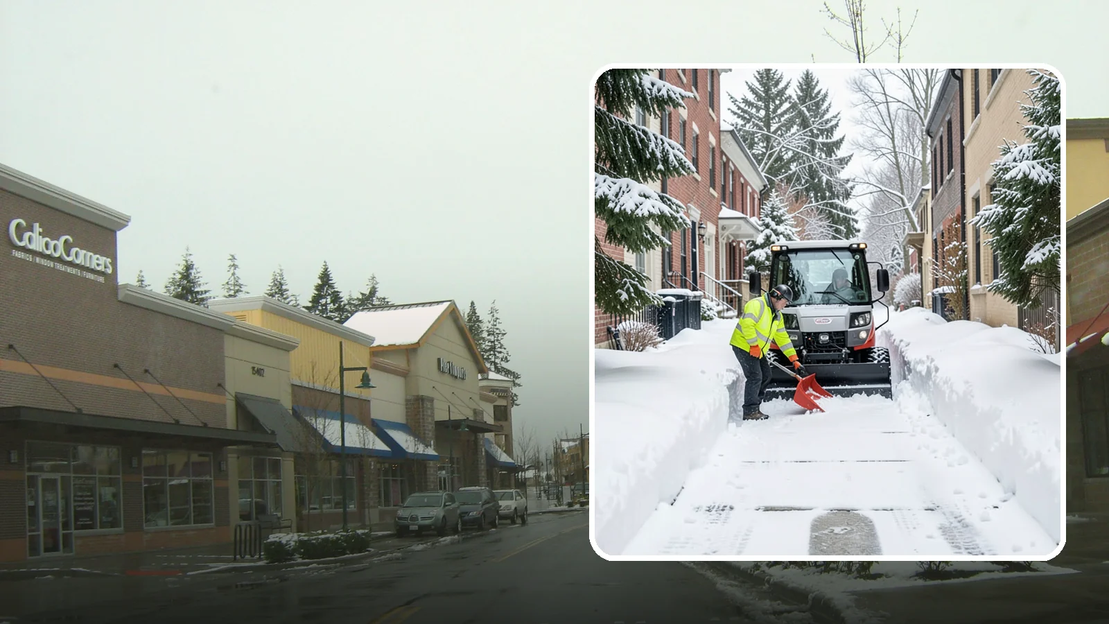 Alleyway Snow Removal in Mill Creek, Snohomish County, WA - Clearing of tight urban and residential alleyways that plows cannot easily reach but tenants and trucks still depend on.