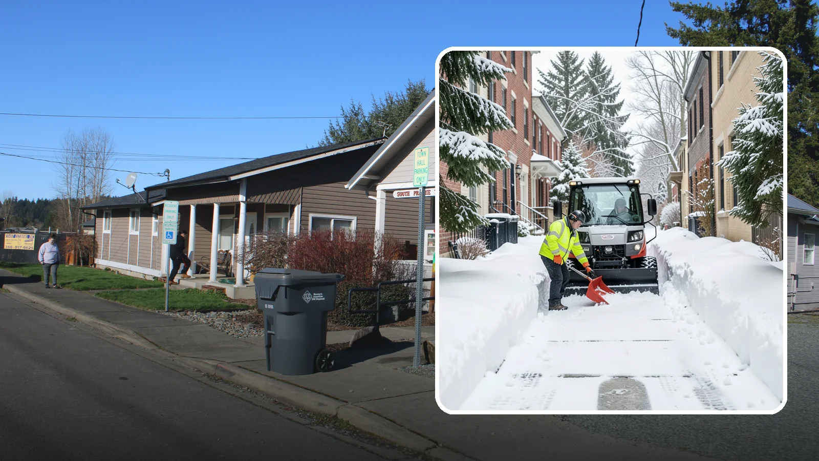 Alleyway Snow Removal in South Prairie, Pierce County, WA - Clearing of tight urban and residential alleyways that plows cannot easily reach but tenants and trucks still depend on.