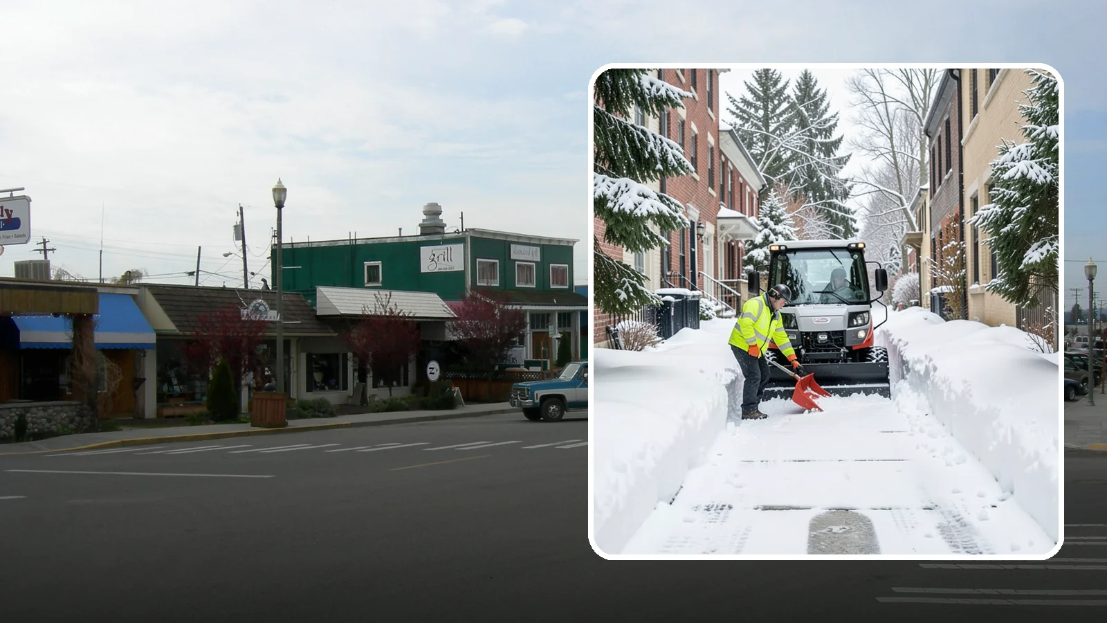 Alleyway Snow Removal in Stanwood, Snohomish County, WA - Clearing of tight urban and residential alleyways that plows cannot easily reach but tenants and trucks still depend on.