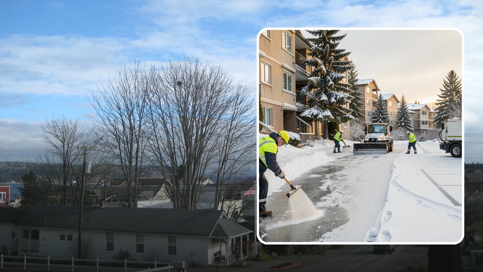 Apartment Complex Deicing in Langley, Island County, WA - Comprehensive ice control for apartment communities, covering shared stairwells, breezeways, and resident parking where...