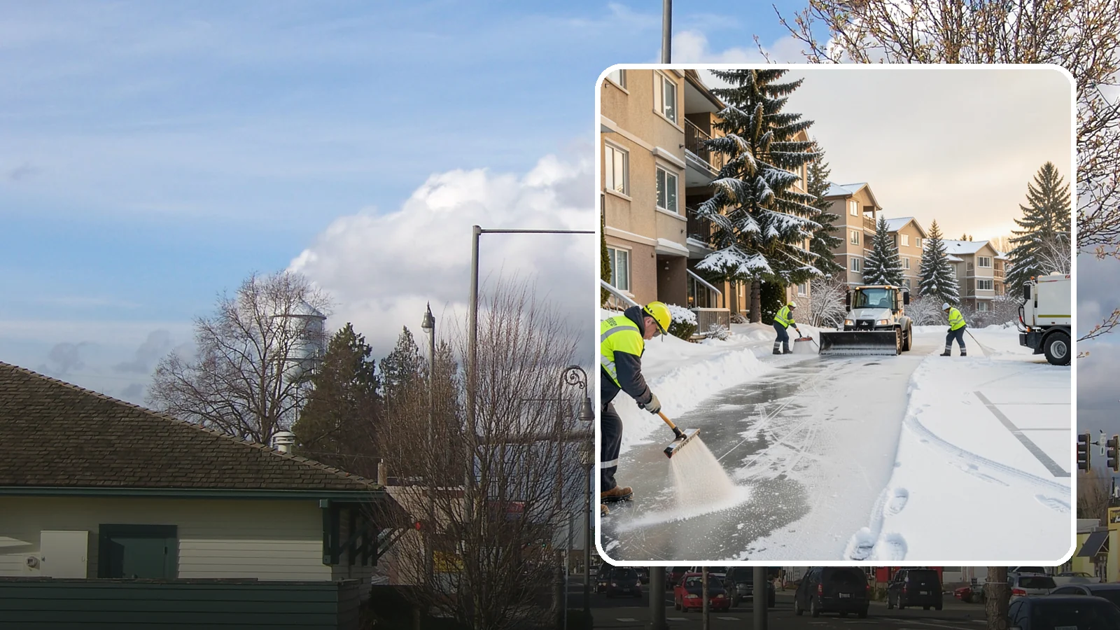 Apartment Complex Deicing in Marysville, Snohomish County, WA - Comprehensive ice control for apartment communities, covering shared stairwells, breezeways, and resident parking where...
