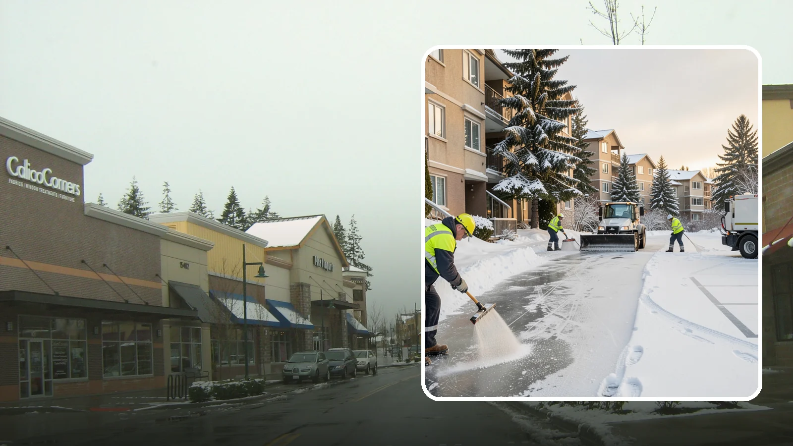 Apartment Complex Deicing in Mill Creek, Snohomish County, WA - Comprehensive ice control for apartment communities, covering shared stairwells, breezeways, and resident parking where...