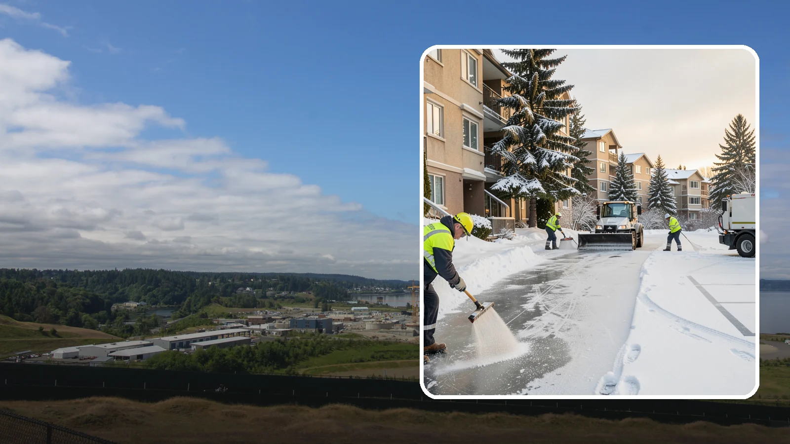 Apartment Complex Deicing in University Place, Pierce County, WA - Comprehensive ice control for apartment communities, covering shared stairwells, breezeways, and resident parking where...