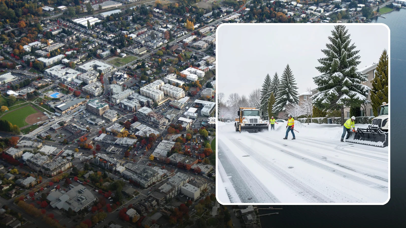 Apartment Complex Parking Lot Snow Removal in Kirkland, King County, WA - We plow sprawling apartment lots full of overnight tenant vehicles before residents leave for the Western Washington morning rush.