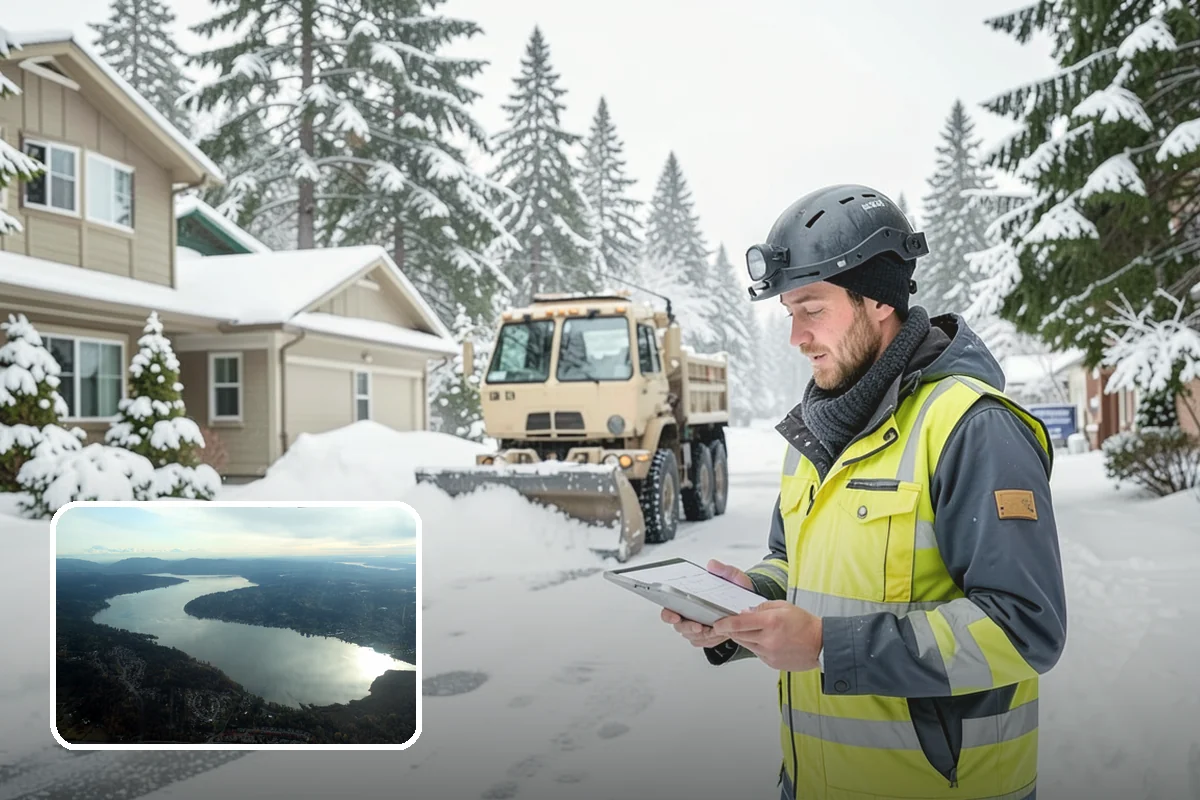 Apartment Complex Parking Lot Snow Removal in Sammamish, King County, WA - Travel lanes stay open for tenants, first responders, and package delivery