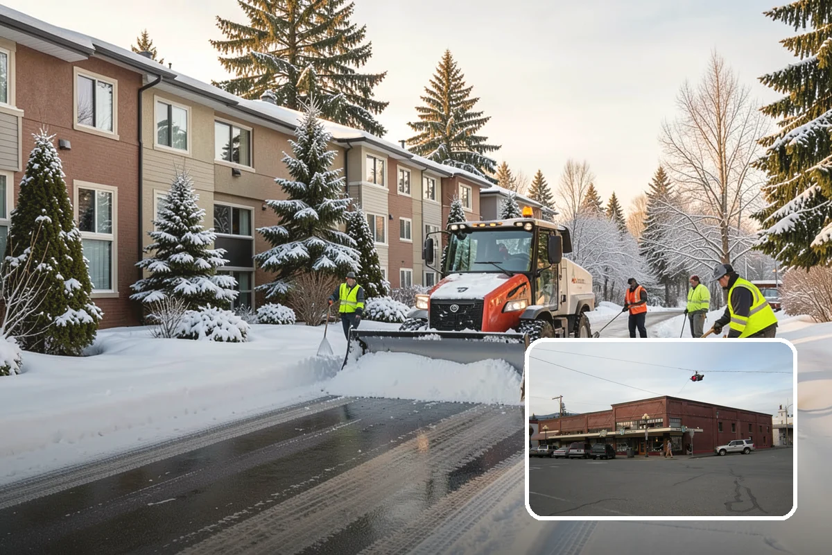 Apartment Complex Parking Lot Snow Removal in Sedro-Woolley, Skagit County, WA - Travel lanes stay open for tenants, first responders, and package delivery